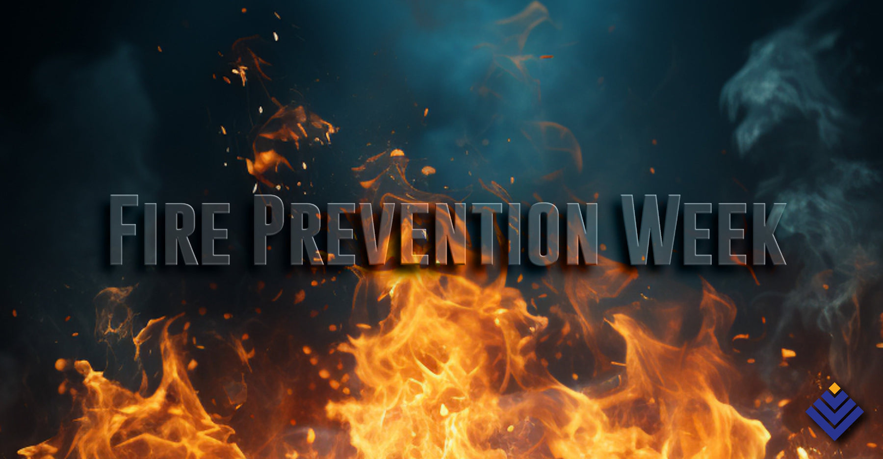 The image depicts the words “Fire Prevention Week” in bold capital letters, set against a backdrop of swirling smoke and rising flames. The text is front and center, with intense orange flames consuming the bottom half of the frame, while dark smoke cloud